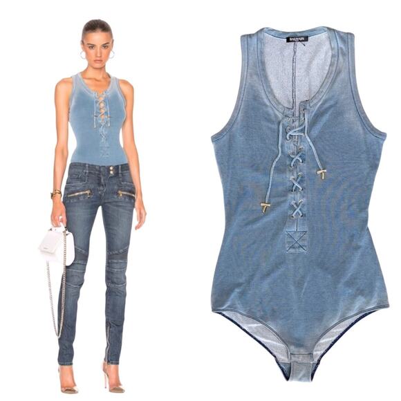 BALMAIN Women’s Blue Lace Up Sleeveless Bodysuit - Picture 1 of 14